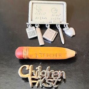 J.J. Teacher Chalk Board, Children First, #1 Teach, Pins